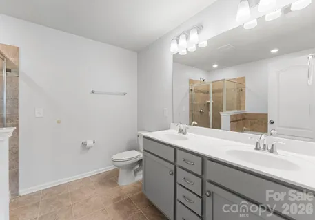 a bathroom with a double vanity sink toilet and a mirror