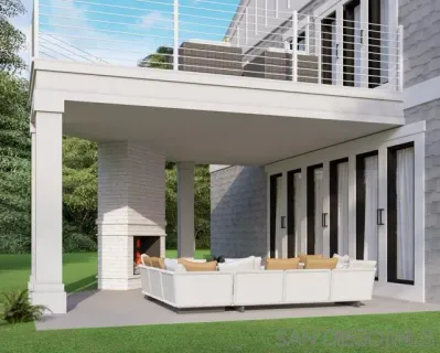 a view of a patio with table and chairs and a barbeque