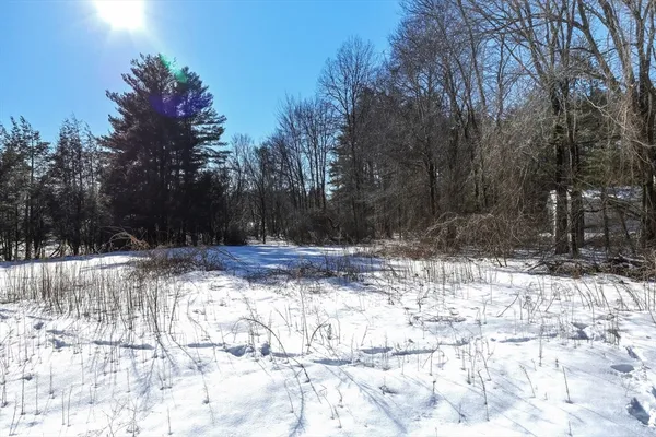 a view of a yard covered in snow