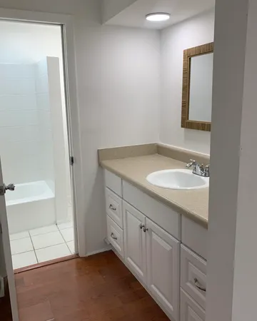 a bathroom with a sink and a mirror
