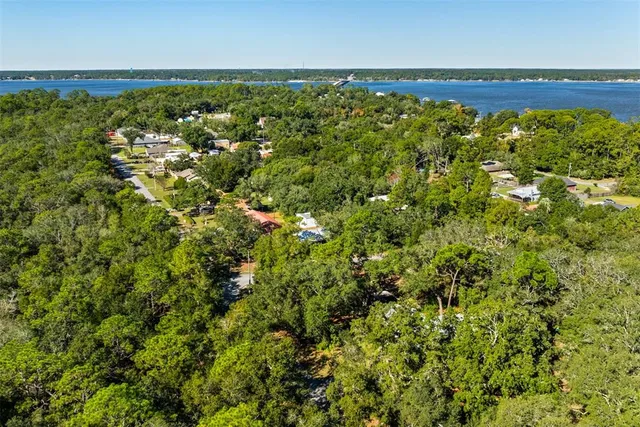 an aerial view of a house with a yard and lake view