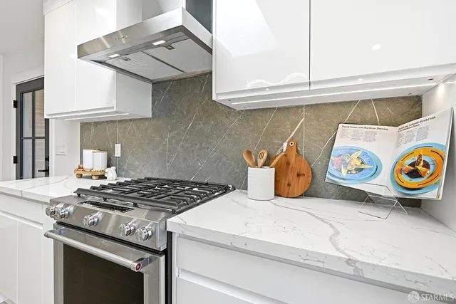 a kitchen with a stove and a microwave