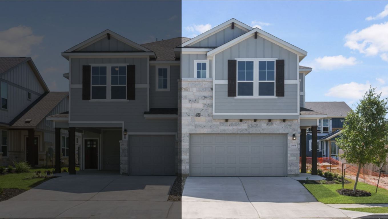 a view of a brick house with many windows and a yard