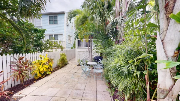 a view of a backyard with potted plants
