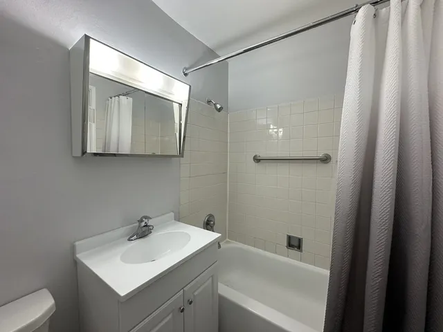 a bathroom with a sink toilet and mirror