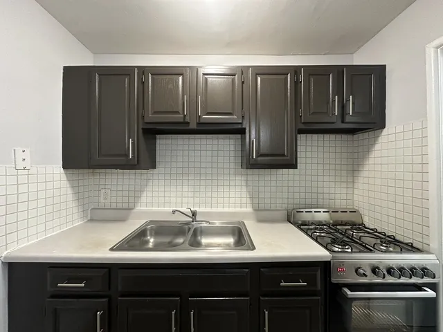 a kitchen with a sink a stove and cabinets