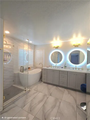 a bathroom with a double vanity sink mirror bathtub and shower
