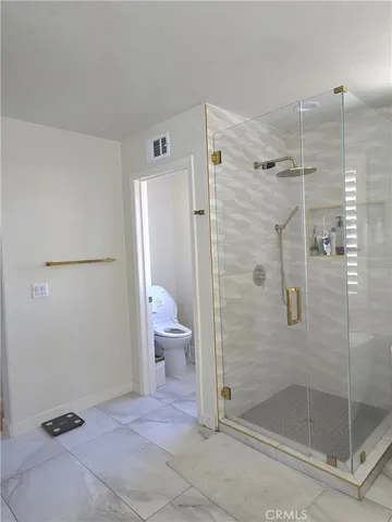 a bathroom with a shower and toilet