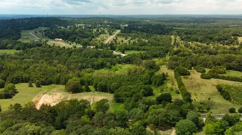 an aerial view of residential houses with outdoor space and trees