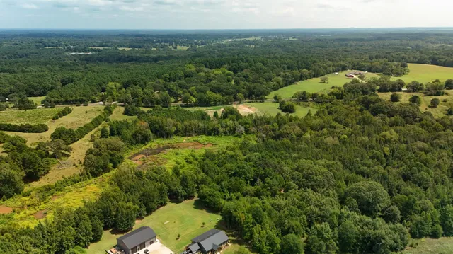 an aerial view of a houses with a yard