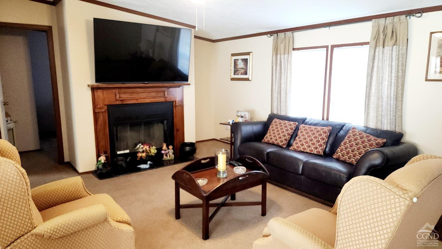76 Gibson Road Durham, NY 12083 - Photo 9 of 22 a living room with furniture a flat screen tv and a fireplace