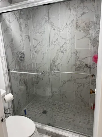 a bathroom with a shower and toilet