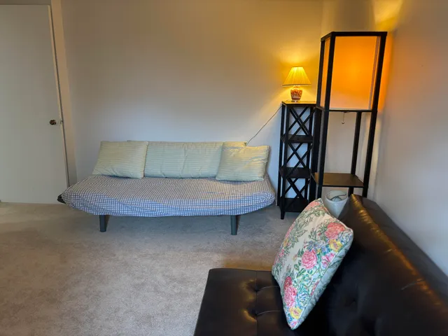 a living room with furniture rug and wall painting