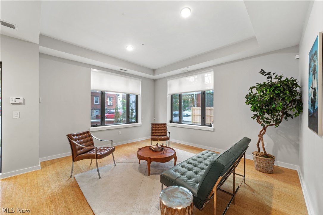 2044 Random Road, Unit 101 Cleveland, OH 44106 - Photo 4 of 44 Living area with light hardwood / wood-style floors and a tray ceiling