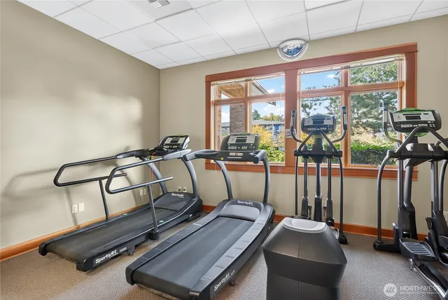 a room with gym equipment and a large window