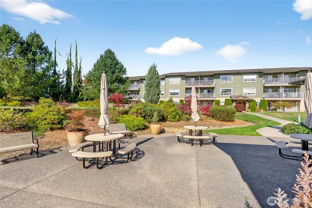a view of a patio with a table and chairs and potted plants
