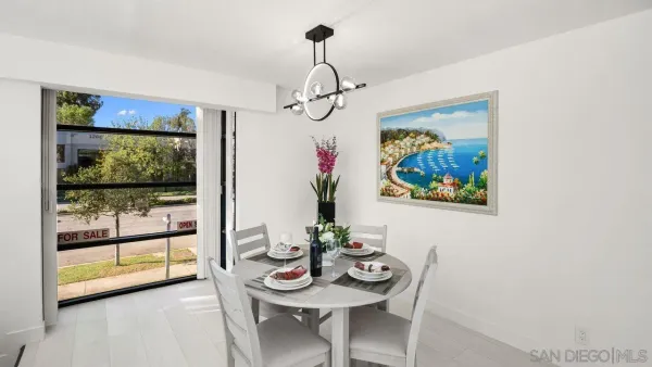 a view of a dining room with furniture wooden floor and a chandelier