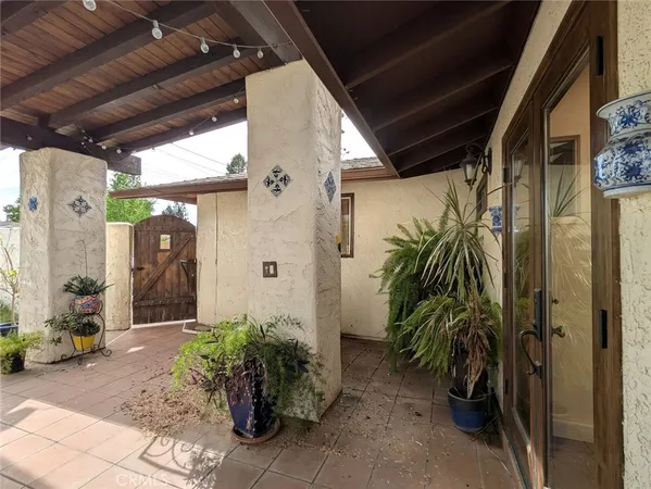 a couple of potted plants in front of door