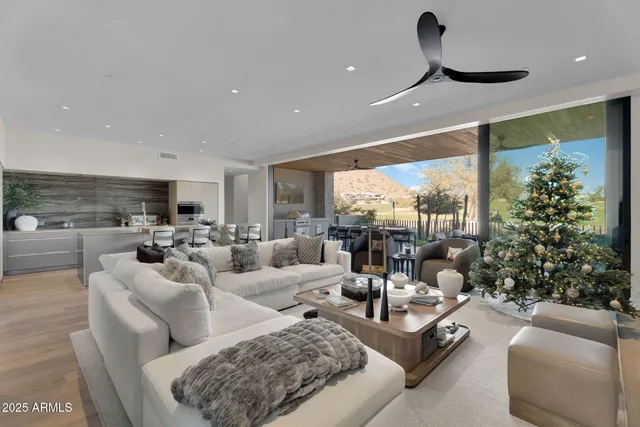 a living room with furniture potted plant and a large window