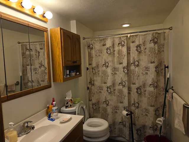 a bathroom with a sink toilet and shower