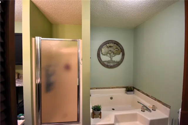 a bathroom with a bathtub and a shower