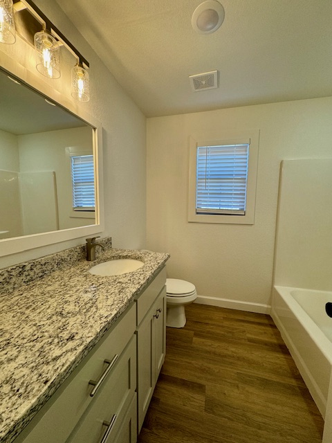 2250 Hunter Drive Pea Ridge, AR 72751 - Photo 18 of 21 Bathroom featuring a light-colored vanity with a built-in sink, wood-finish flooring, and a window with blinds
