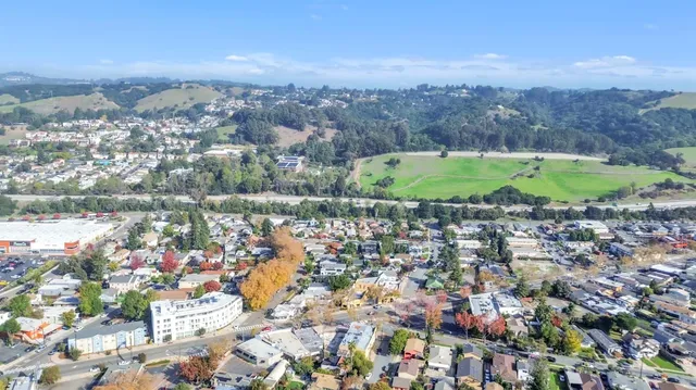 an aerial view of residential houses with city view
