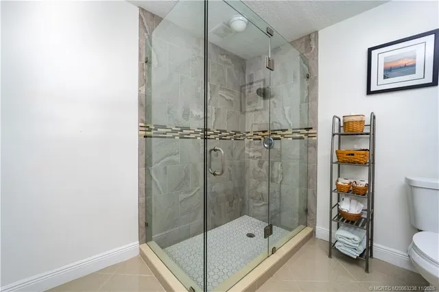 a bathroom with a shower and a toilet