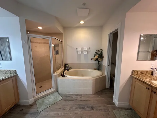 a bathroom with a tub a sink a mirror and a shower
