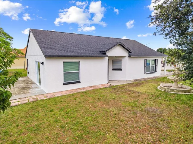 a view of a yard with plants and large trees
