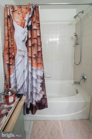 a bathroom with a bathtub and shower