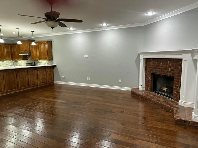 a living room with a fireplace