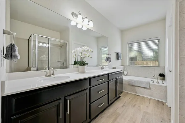 a bathroom with a double vanity sink a mirror and a bathtub