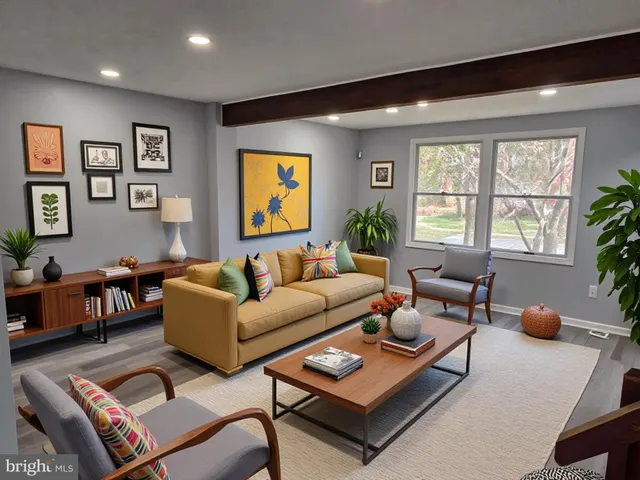 a living room with furniture a rug and a large window