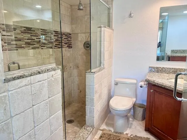 a bathroom with a granite countertop shower a toilet and a sink
