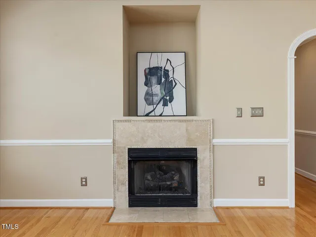 a living room with a fireplace
