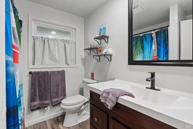 a bathroom with a sink a toilet and a mirror