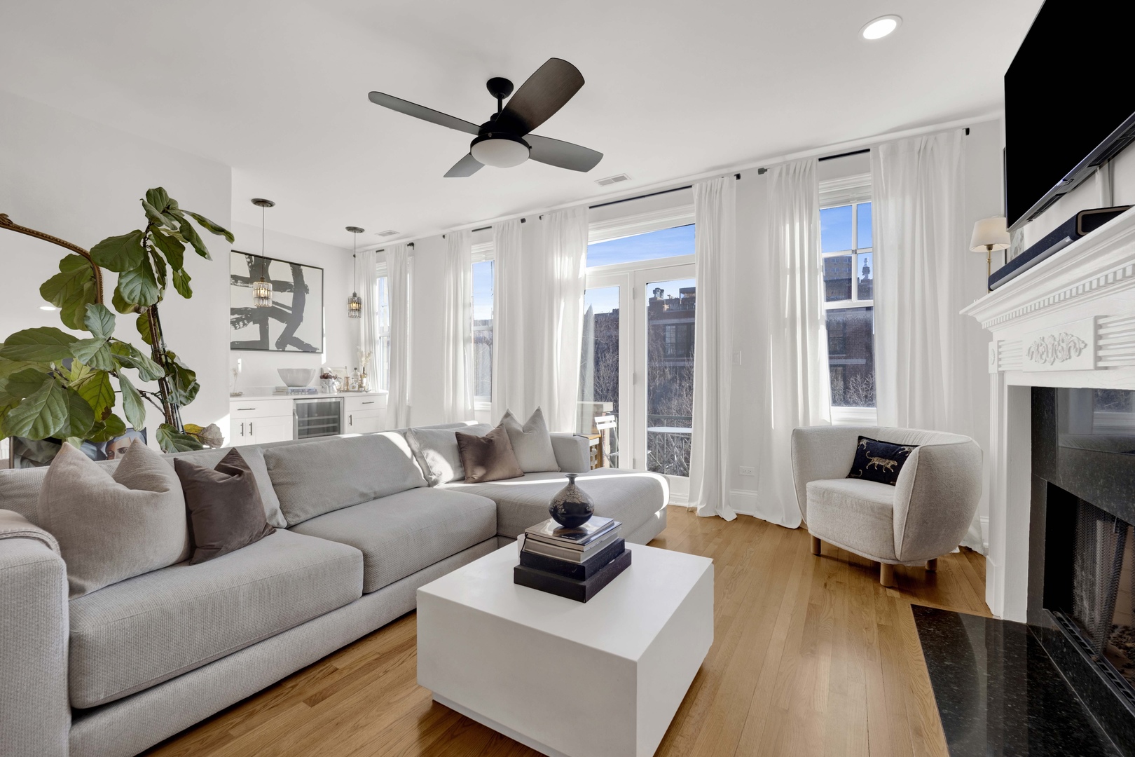 856 West Buckingham Place, Unit 3SW Chicago, IL 60657 - Photo 3 of 23 a living room with furniture ceiling fan and a flat screen tv