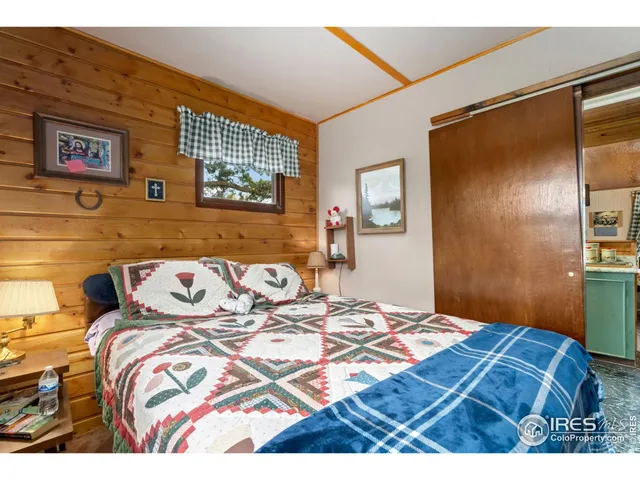 a bedroom with a bed and a closet