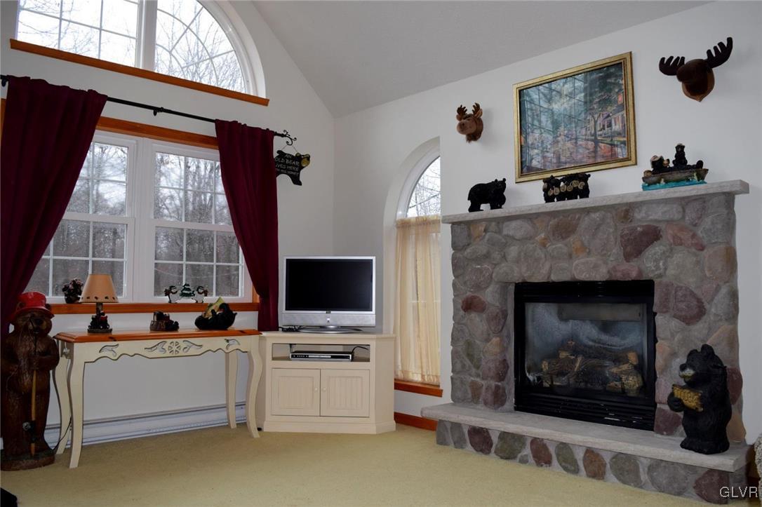 290 Brier Crest Road Blakeslee, PA 18610 - Photo 9 of 43 a living room with furniture a flat screen tv and a fireplace