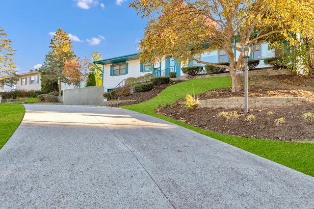 a view of a house with a yard and large tree