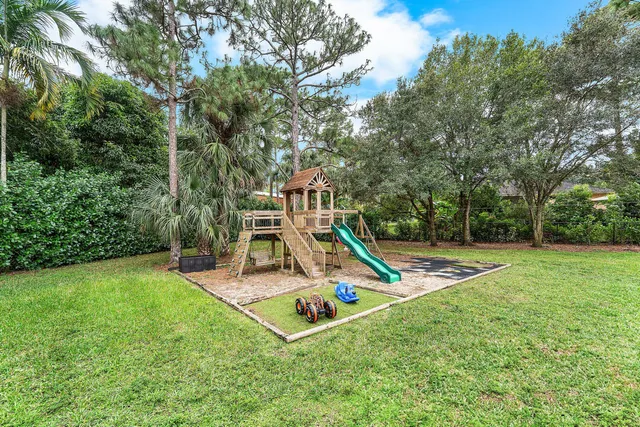 a view of a backyard with a slide and a child swing