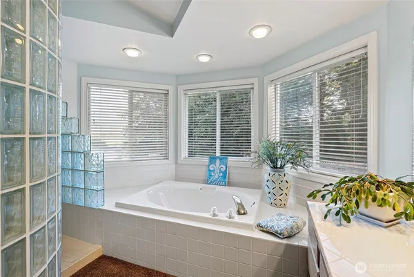 a bathroom with a bathtub and windows