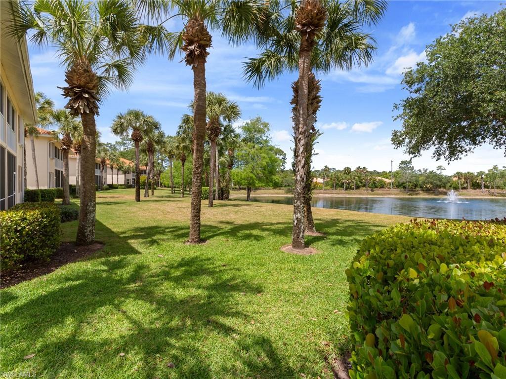 445 Robin Hood Circle, Unit 202 Naples, FL 34104 - Photo 17 of 23 a view of a lake with a big yard and palm trees