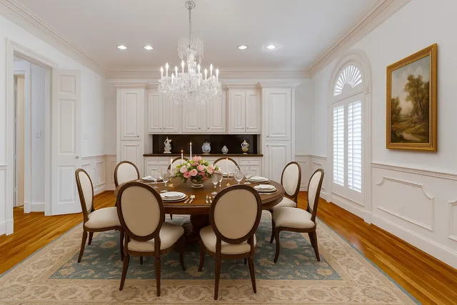 a view of empty room with wooden floor and kitchen view