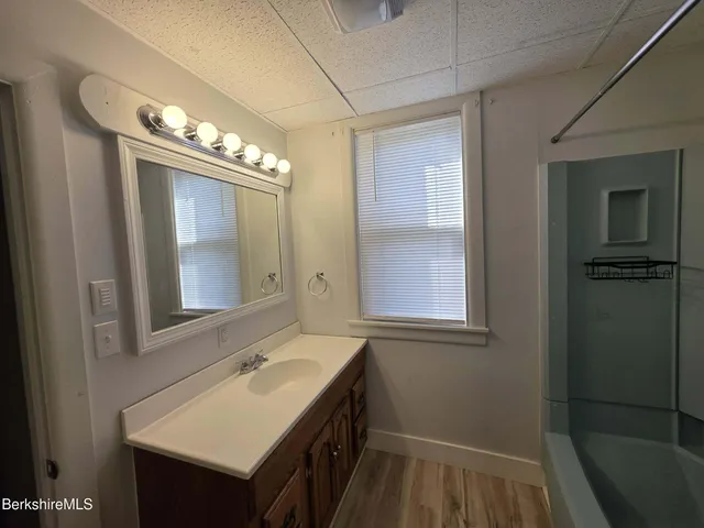 a bathroom with a sink a mirror and a shower