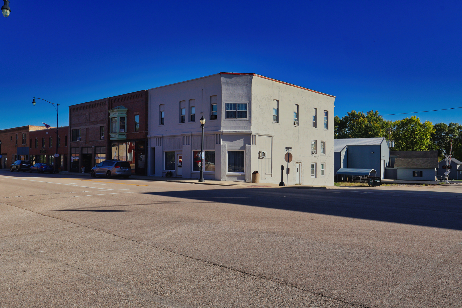 a view of a building with a street
