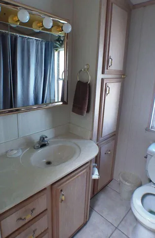 a bathroom with a sink toilet and mirror