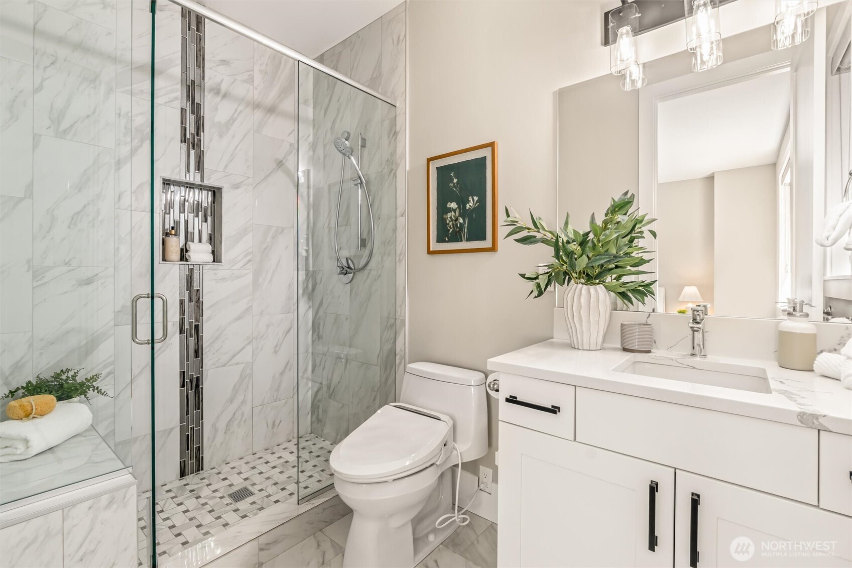 23036 35th Avenue Southeast Bothell, WA 98021 - Photo 27 of 39 a bathroom with a sink toilet a mirror and shower