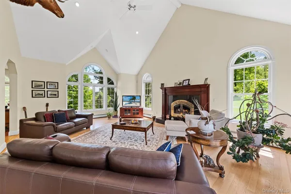 a living room with furniture a fireplace and a floor to ceiling window